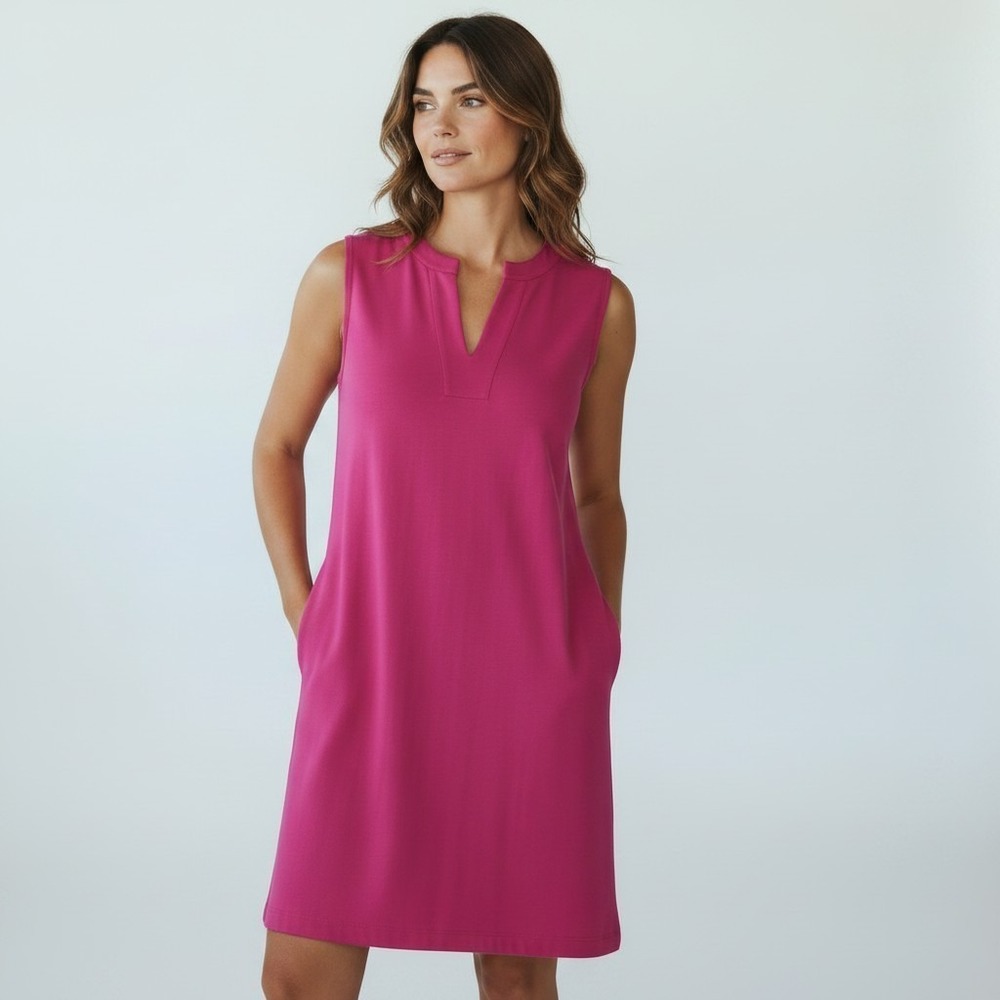 L.L.Bean Magenta Pink Cotton Sleeveless Shift Dress Pockets preppy SZ Minimalist